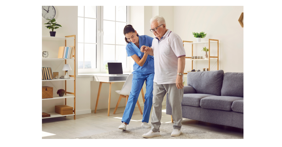 Physiotherapist working with an older adult at home to reduce fear of falling and improve mobility confidence.