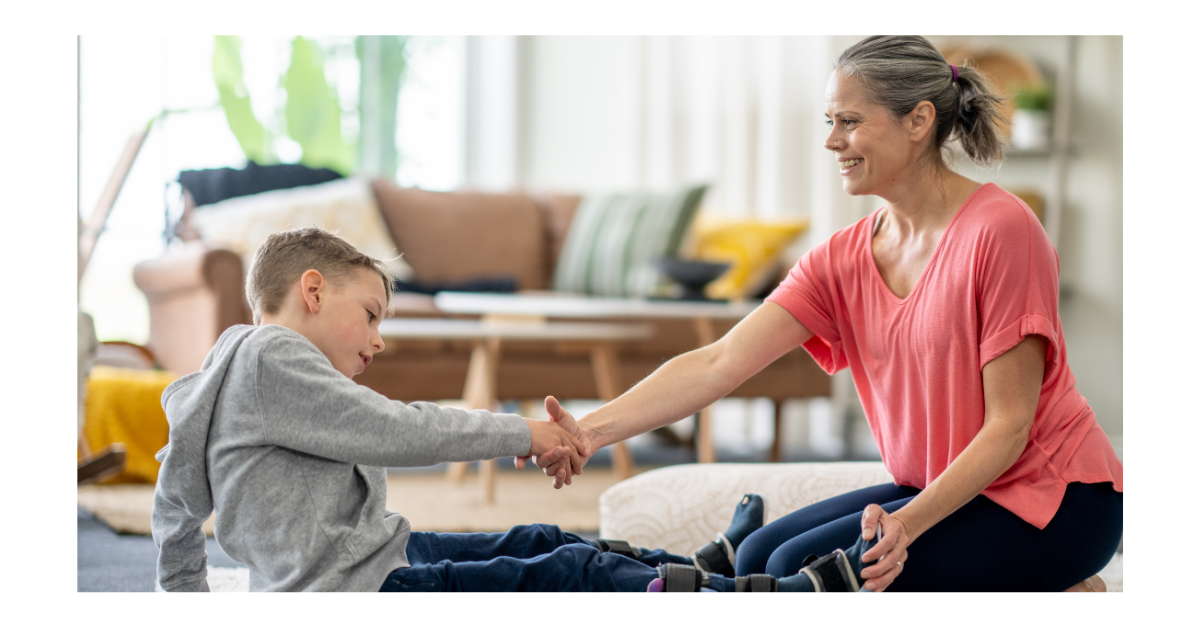Neurological physiotherapist assisting a patient with adaptive movement patterns in brain injury rehabilitation at home.