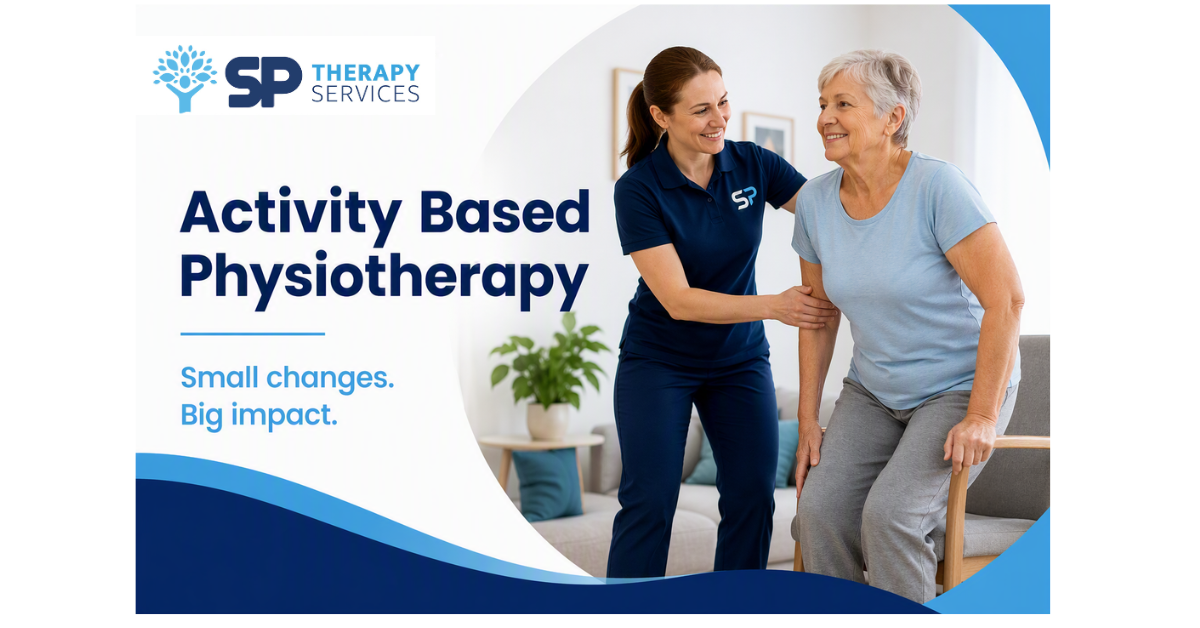 Physiotherapist supporting standing practice as part of activity based physiotherapy in Manchester.