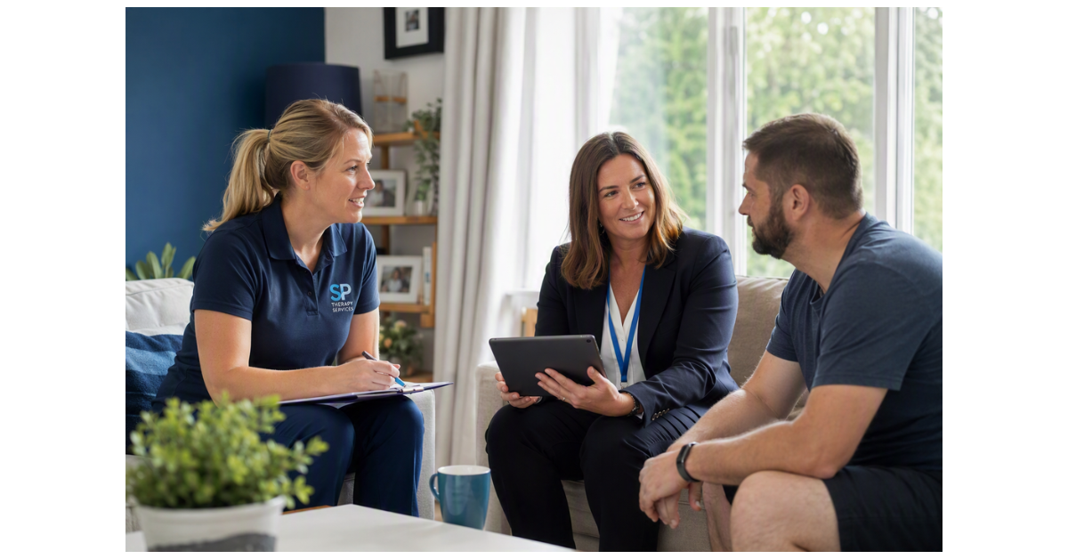 Brain injury physiotherapy referrals discussion between a neurological physiotherapist, case manager and brain injury client during a home-based rehabilitation visit.