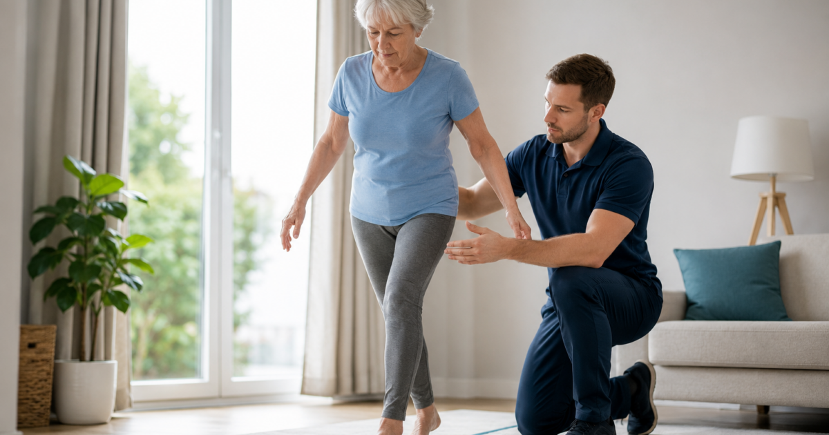 Older woman practising balance exercises with support from a physiotherapist during falls prevention training at home.