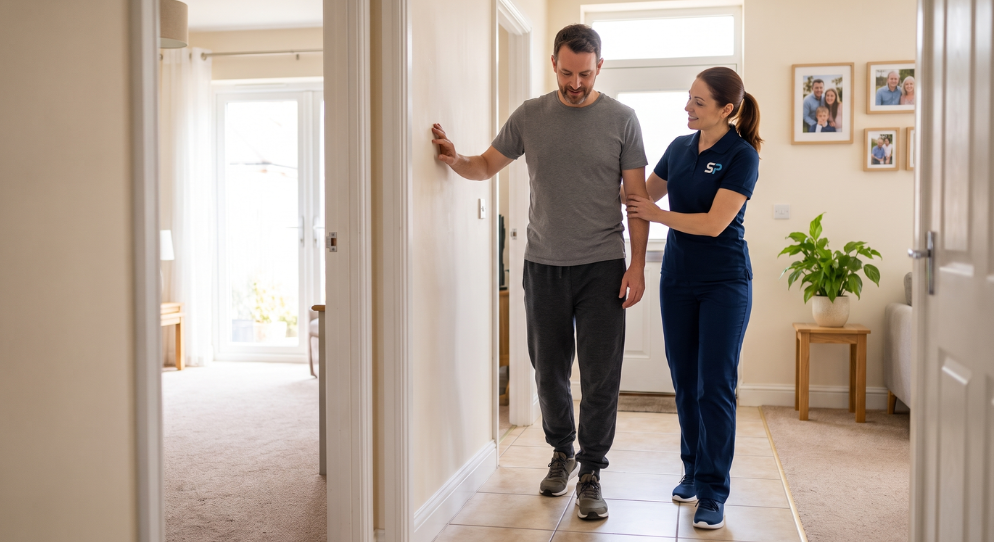 Neurological physiotherapist providing gait rehabilitation for a person recovering from brain injury during a home visit