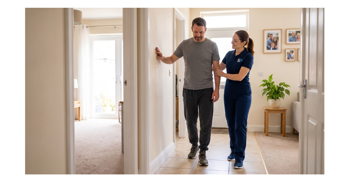 Neurological physiotherapist providing gait rehabilitation for a person recovering from brain injury during a home visit
