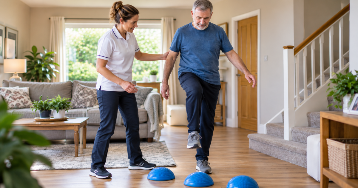 Neuro physiotherapist supporting a post-stroke patient with balance problems after brain injury