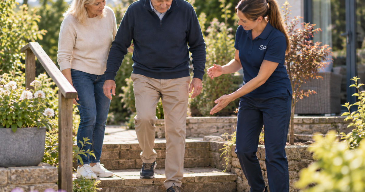 Physiotherapist as educator guiding patient and family through independent mobility on garden steps